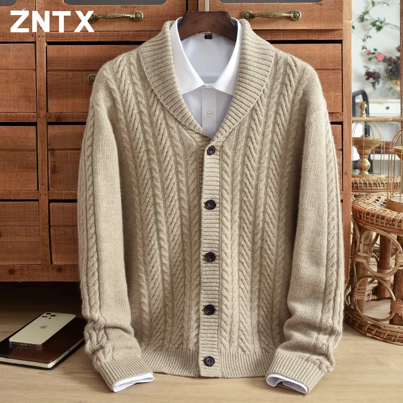 

ZNTX Pure cashmere sweater men's cardigan super thick winter warm jacquard lapel casual knit sweater coat Dad suit middle age