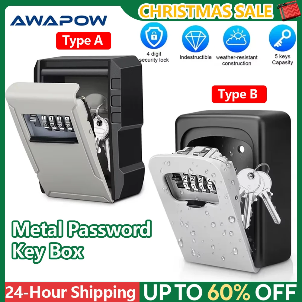 Awapow المعادن كلمة المرور مفتاح صندوق الحائط 4 أرقام كلمة المرور مفتاح تخزين اقفال الصناديق دائم مقاوم للماء مكافحة سرقة قفل آمن صندوق المفاتيح #1