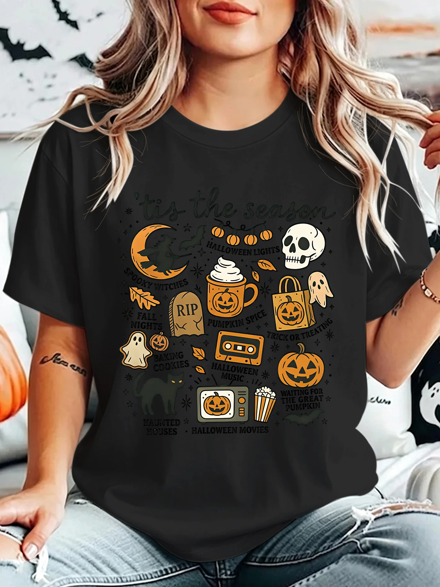 Tis The Season Fall Halloween Womens Crew Neck Short Sleeve T Shirt Witch Black Cat Pumpkin Ghost Casual Graphic Tees For Ladies