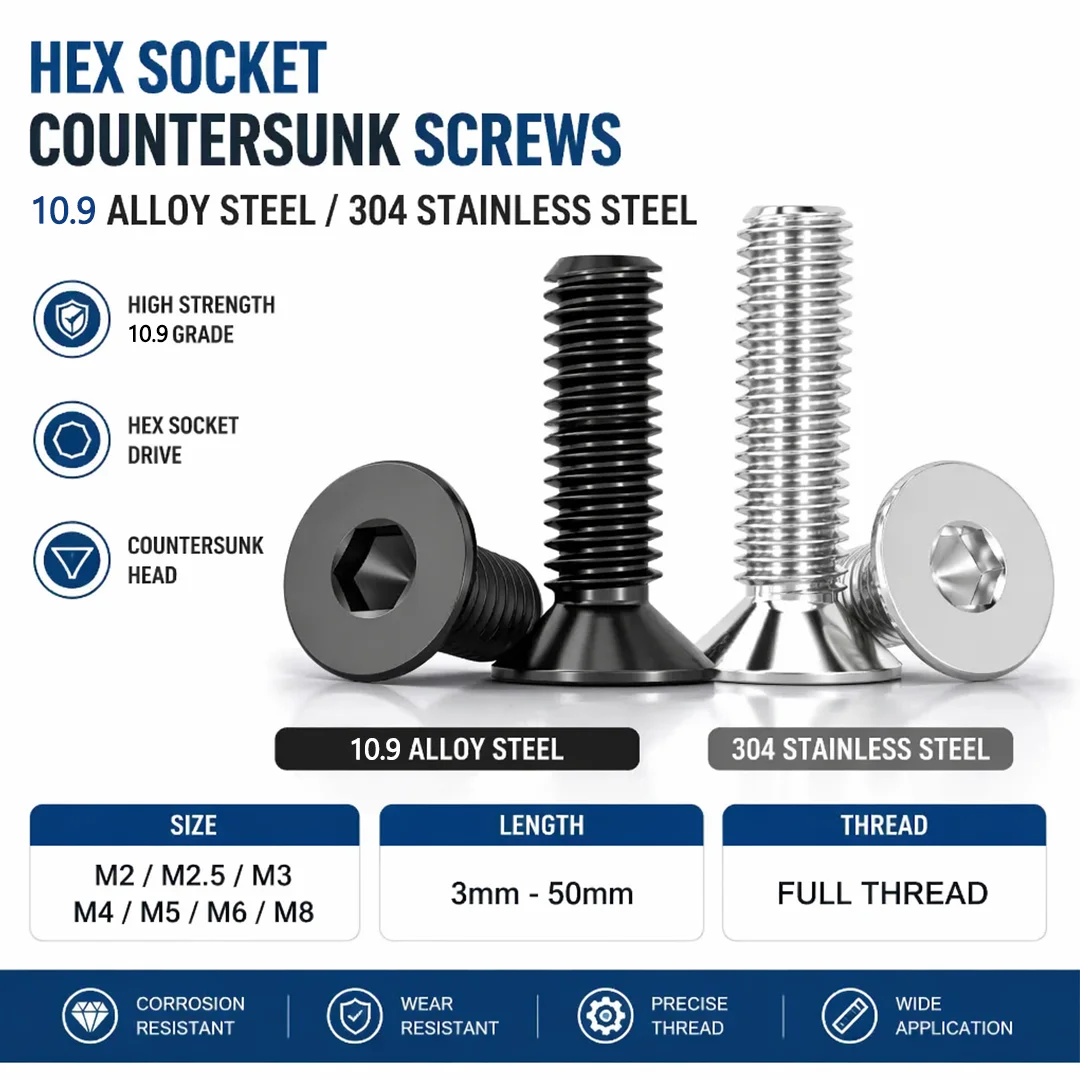 M2 M2.5 M3 M4 M5 M6 M8 Hexagon Hex Socket Head Flat Countersunk Allen Bolt Screw 304 A2 Stainless Steel Black Grade 10.9 Steel