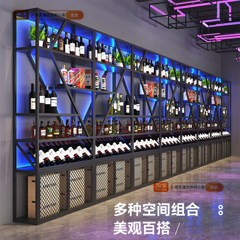 Wrought iron bar wall display cabinet background luminous shelf