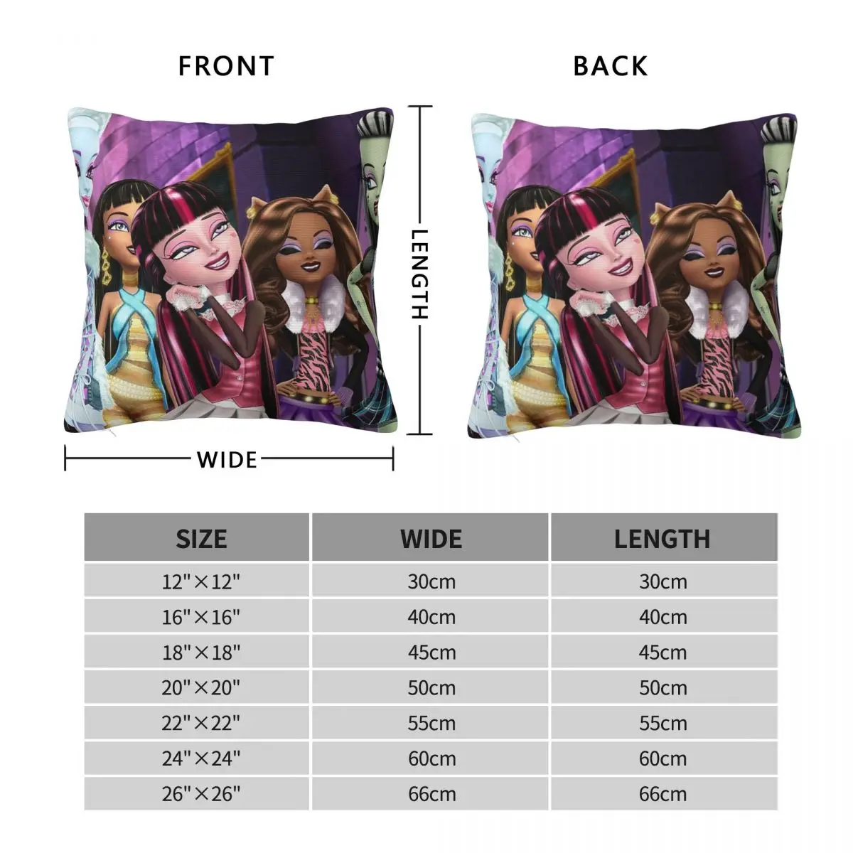 Monster High Movie Square Pillowcase Pillow Cover Polyester Cushion Decor Comfort Throw Pillow for Home Car