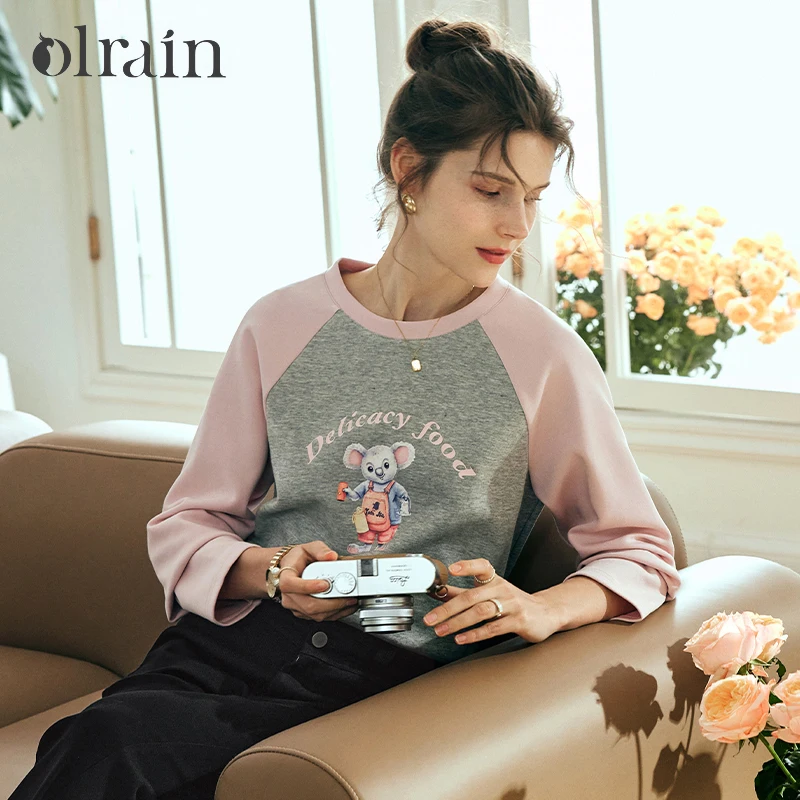 OLrain Women's Koala Print Long Sleeve Spliced Knitted Tops Spring 2026 New Cotton Straight Casual Commute Pullovers N56QT82569