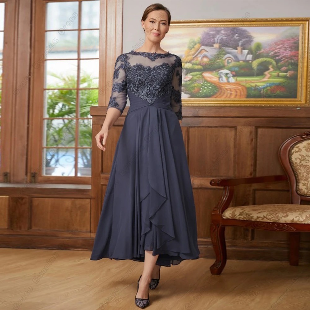 

Modern Boat Neck Mother of Bride Dresses Half Sleeve Tea Length Wedding Party Dresses with Lace 2024 Chiffon Robe De Soirée