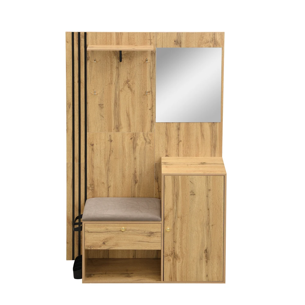 Kleiderschrank-Set, kompakter Flur-Kleiderschrank mit Spiegel und Kissen mit schwarzem Zierstreifen, Regal, Flur-Kleiderschrank, Schuhschrank – Detail 16