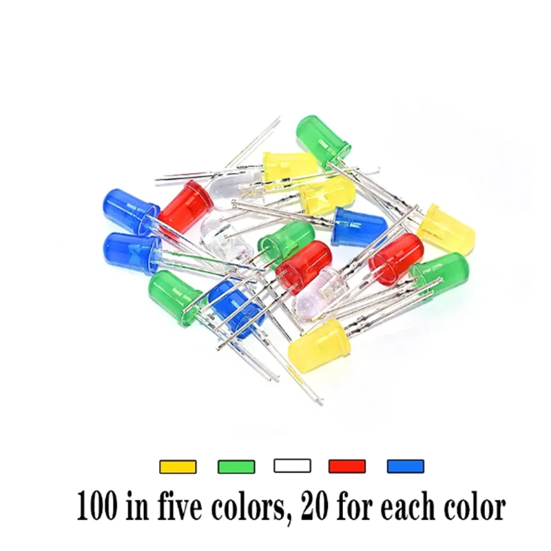 100PCS 5MM F5 LED Diode 5 mm Light Assorted Kit Green Blue White Yellow Red COMPONENT DIY kit