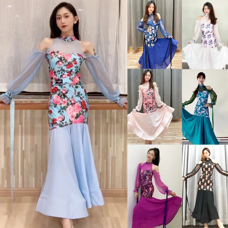 

Multi-color Ballroom Dance Dresses For Women Puff Sleeves Flower Print Prom Club Dress Modern Waltz Performance Clothes BL8677