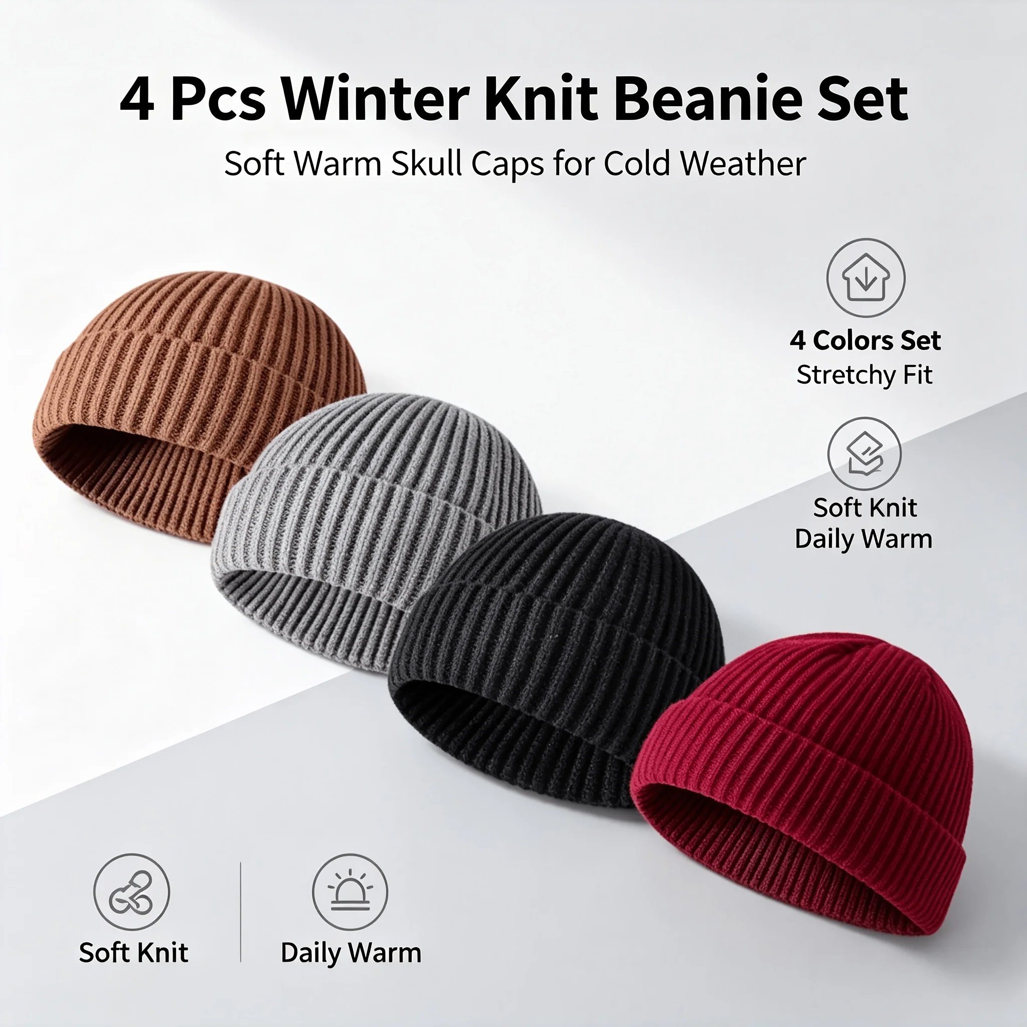 4PCS Unisex Skull Beanie Set, Hip Hop Streetwear Fisherman Hat, Casual Lazy Skull Cap, Fall Winter