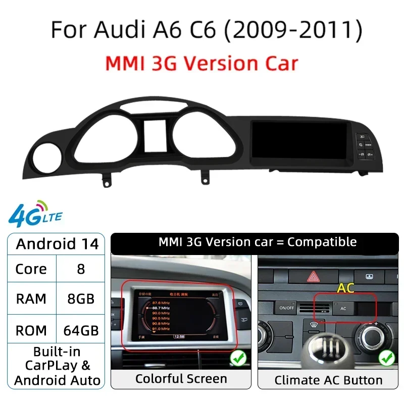 Android 14 Auto Radio CarPlay voor Audi A6 C6 4F voor Audi Q7 4L 2005-2015 MMI 2G 3G GPS Auto Multimedia Speler Navi Stereo DSP