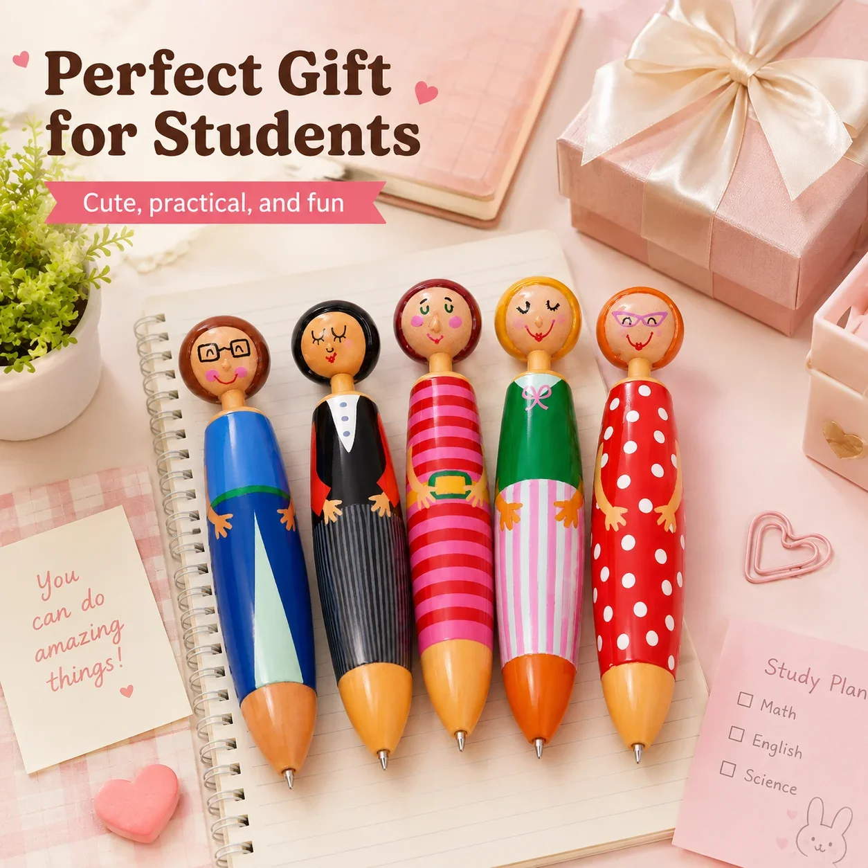Cute Plush Toy Ballpoint Pen, Blue Click Pen with Cartoon Figure, Fun Student Stationery Gift