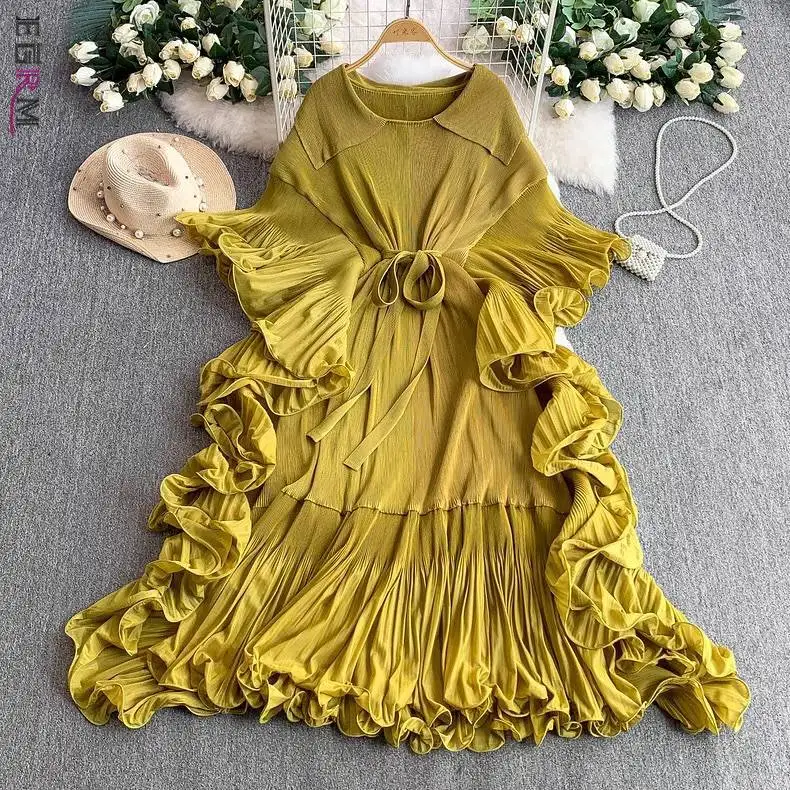 

EGRM Solid Colour Pleated Dress 2025 Summer New Casual Versatile Flare Sleeve Loose Irregular Miyake Women's Dresses 6R0308