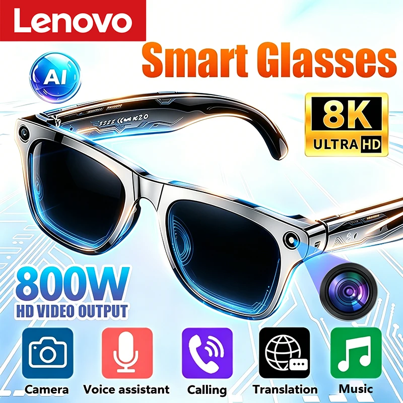 Lenovo 2026 novos óculos ai 800w pixel 8k câmera hd bluetooth chamada assistente de voz tradução música mudança cor óculos inteligentes