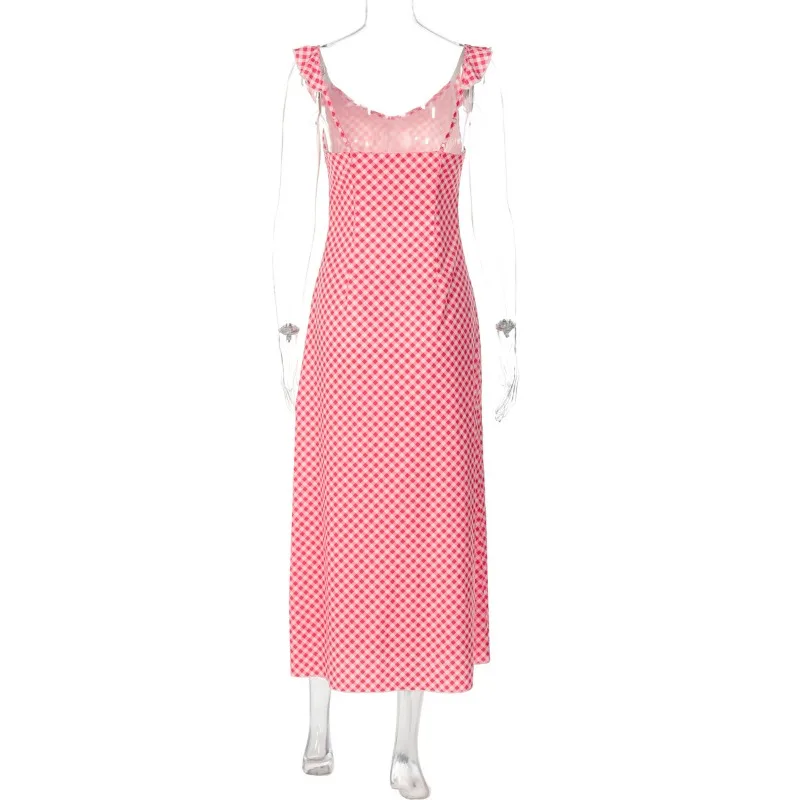 Ticketsx V-neck colour-block plaid lace-up fitted dress Summer fashion sexy backless dress Beach Vacation party women's dress