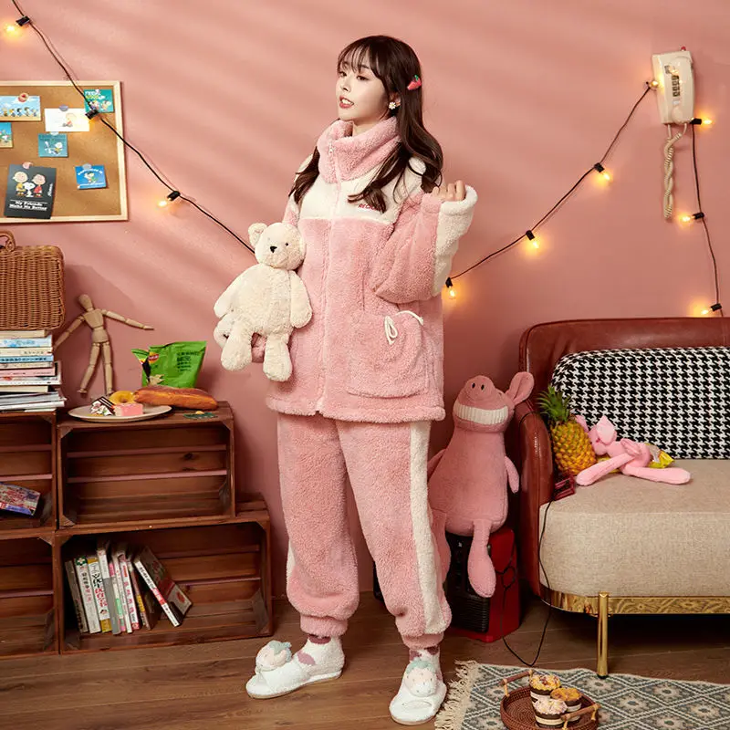

Coral Fleece Pajamas Women's Autumn Winter Fleece Thickened Warm Winter Cute Loungewear Can Be Worn Outside Two Sets Comfortable