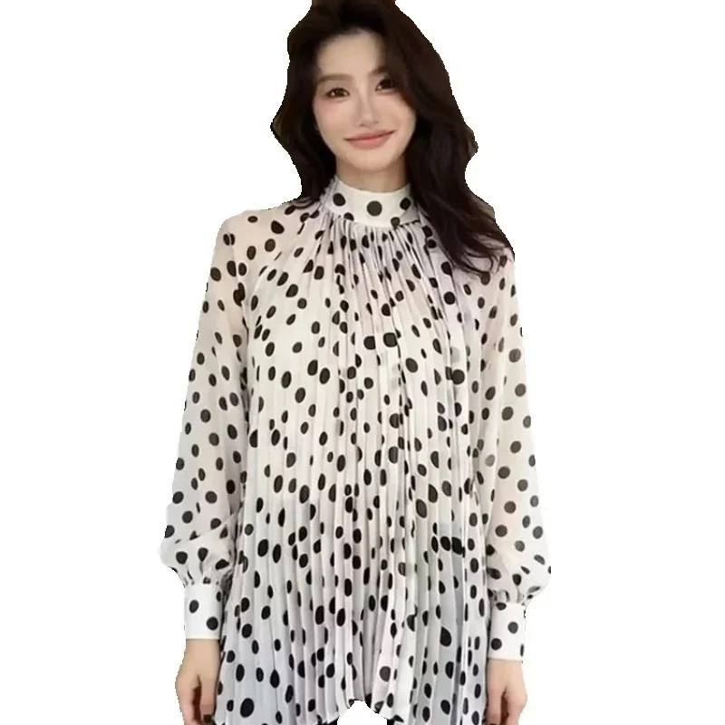 

Весенне-летние шифоновые блузки больших размеров для женщин 2026: Новая модная свободная повседневная кофта с длинным рукавом и волнообразным узором