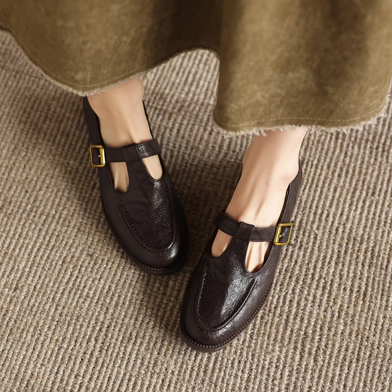 

Women's New Spring and Autumn Genuine Leather Sheepskin Metal Belt Buckle Middle Heel Large Retro Le Fu Shoes Fashion Shoes