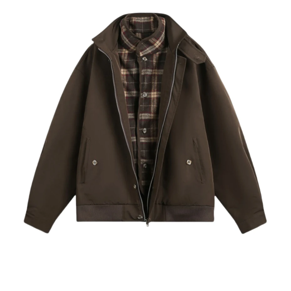 

Vintage Patchwork Plaid Jacket Men Streetwear Harajuku Fake Two Pieces Cargo Coats Oversized Autumn New Loose Casual Jacket Male