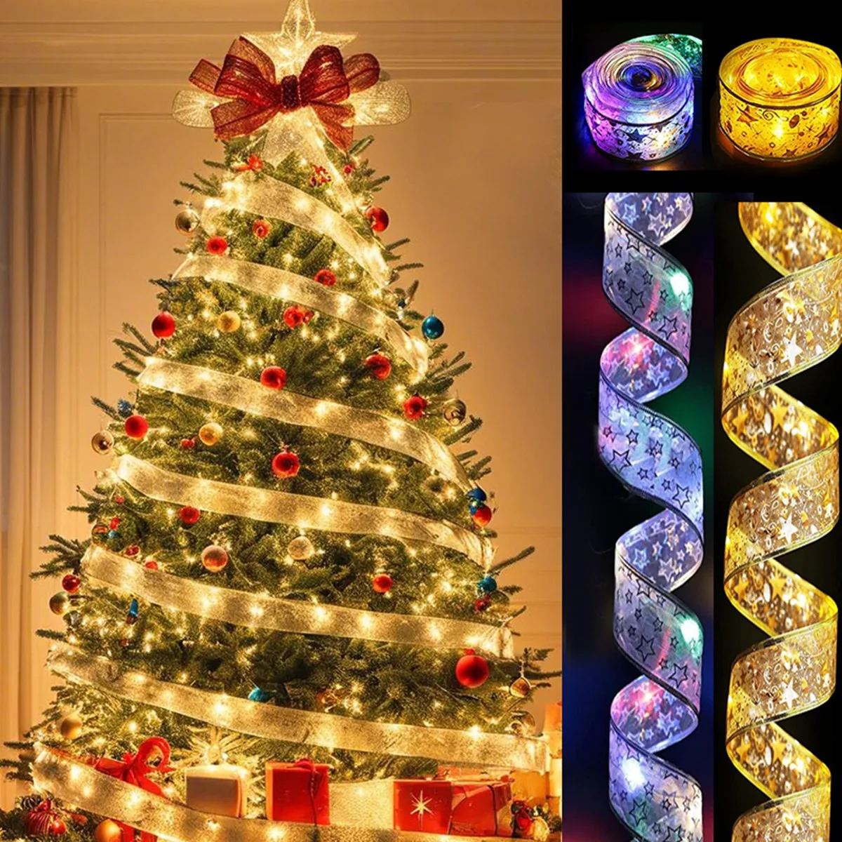 Christmas Ribbon Fairy Light String Merry Christmas Decorations For Home 2024 Cristmas Ornament Xmas Navidad Gifts New Year 2025