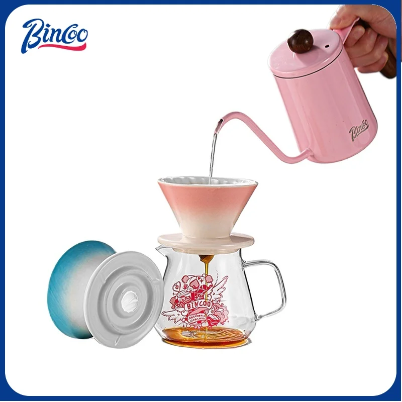 Bincoo Ceramic Pour Over Coffee Maker Set, Hand Drip Coffee Filter Cone with Heat-Resistant Glass Carafe, Portable Home Manual