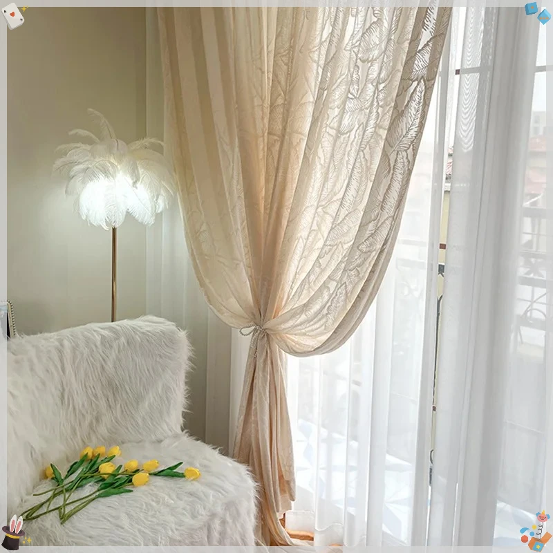 Big Leaf Cream Beige American French Three Dimensional Embroidery Window Screen Curtain Living Room Balcony Light Transmitting