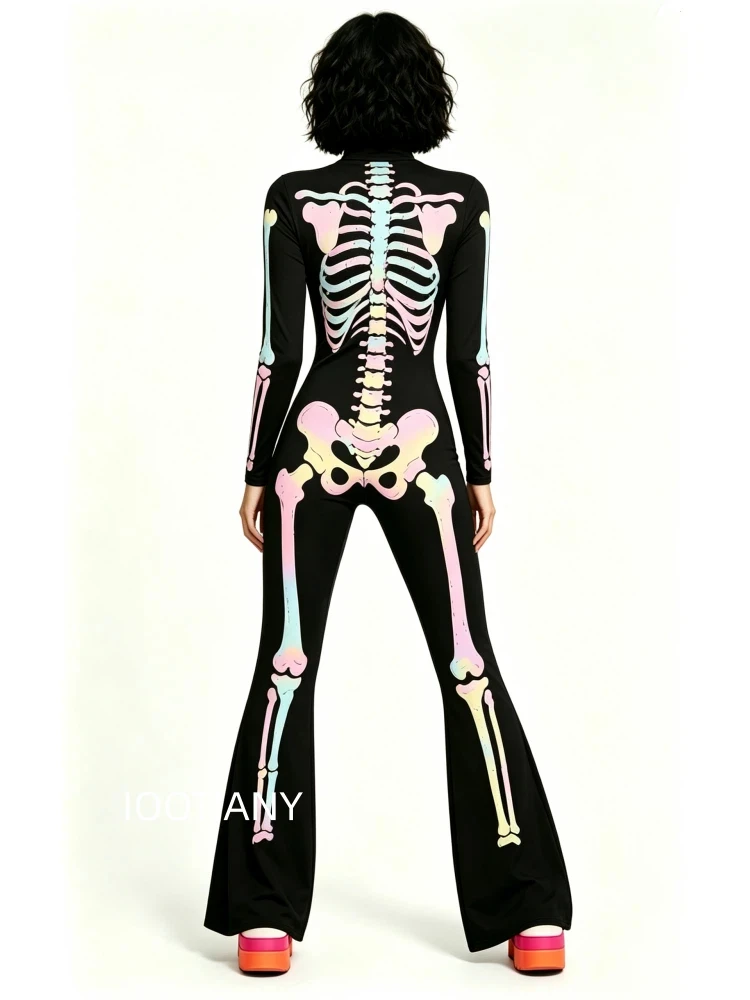 Damen Halloween Skelett Sugar Skull Blumen-Jumpsuit Clown Schlaghose Bodysuit Cosplay Festival Party Zentai Kostüm – Detail 11