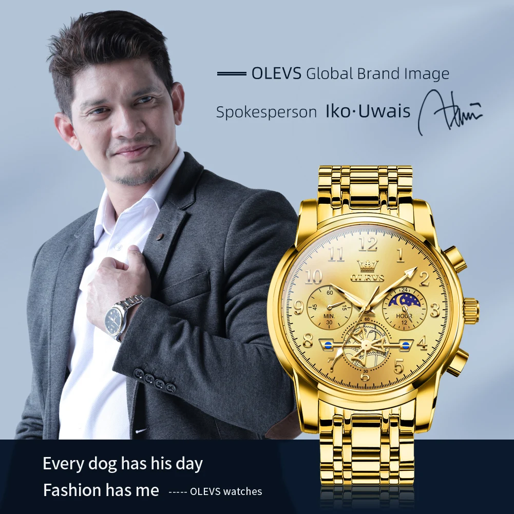 OLEVS Men's Watches Luxury Gold Original Quartz Wristwatch for Man Rotating Flywheel Chronograph Wateproof Luminous Moon Phase