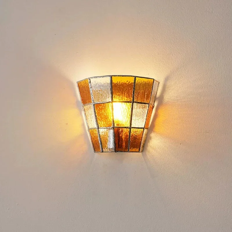 Vintage Stained Glass Wall Sconce Grid Handmade Wall Lamp Retro Bathroom Corridor Bedroom Decor Lighting Fixture