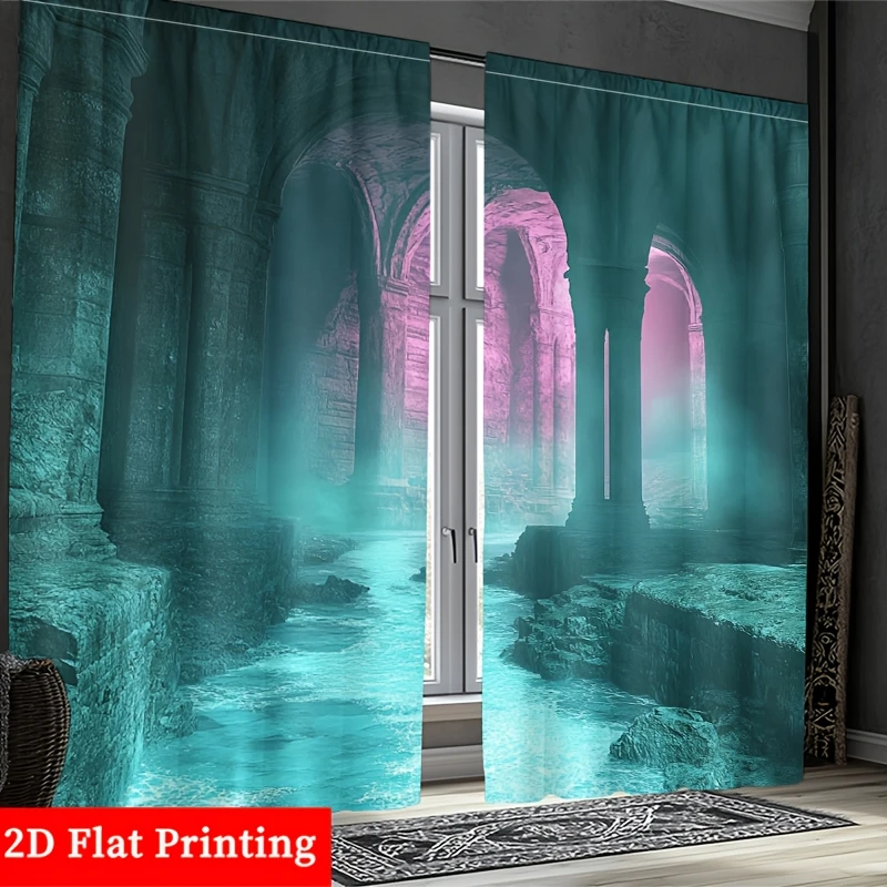 Mystic Ruins Teal Pink Curtain, Fantasy Ancient Archway Drape, Ethereal Landscape Home Decor for Living Room Bedroom Window