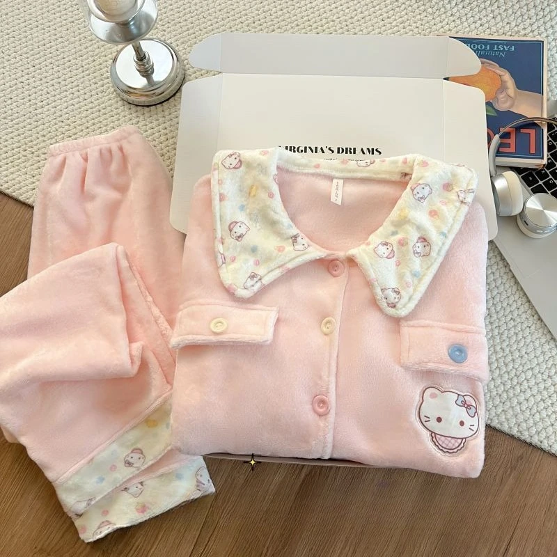 

Hello Kitty Pajamas Girls Autumn and Winter Coral Velvet Thickened Warm Long Sleeves Cute Cartoon Doll Collar Home Clothing Set