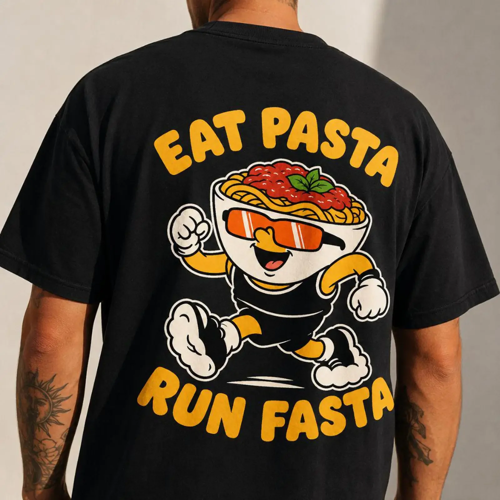 Eat Pasta Run Fasta Funny Cartoon T shirt Casual Loose Back Print for Marathon Runners Lovers Running  vintage Washed Versatile