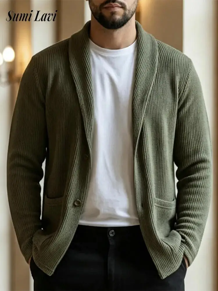 Daily Leisure Thermal Warm Jacket Mens Trendy Thickened Solid Color Cardigan Men Winter Ribbed Turn-down Collar Outerwear