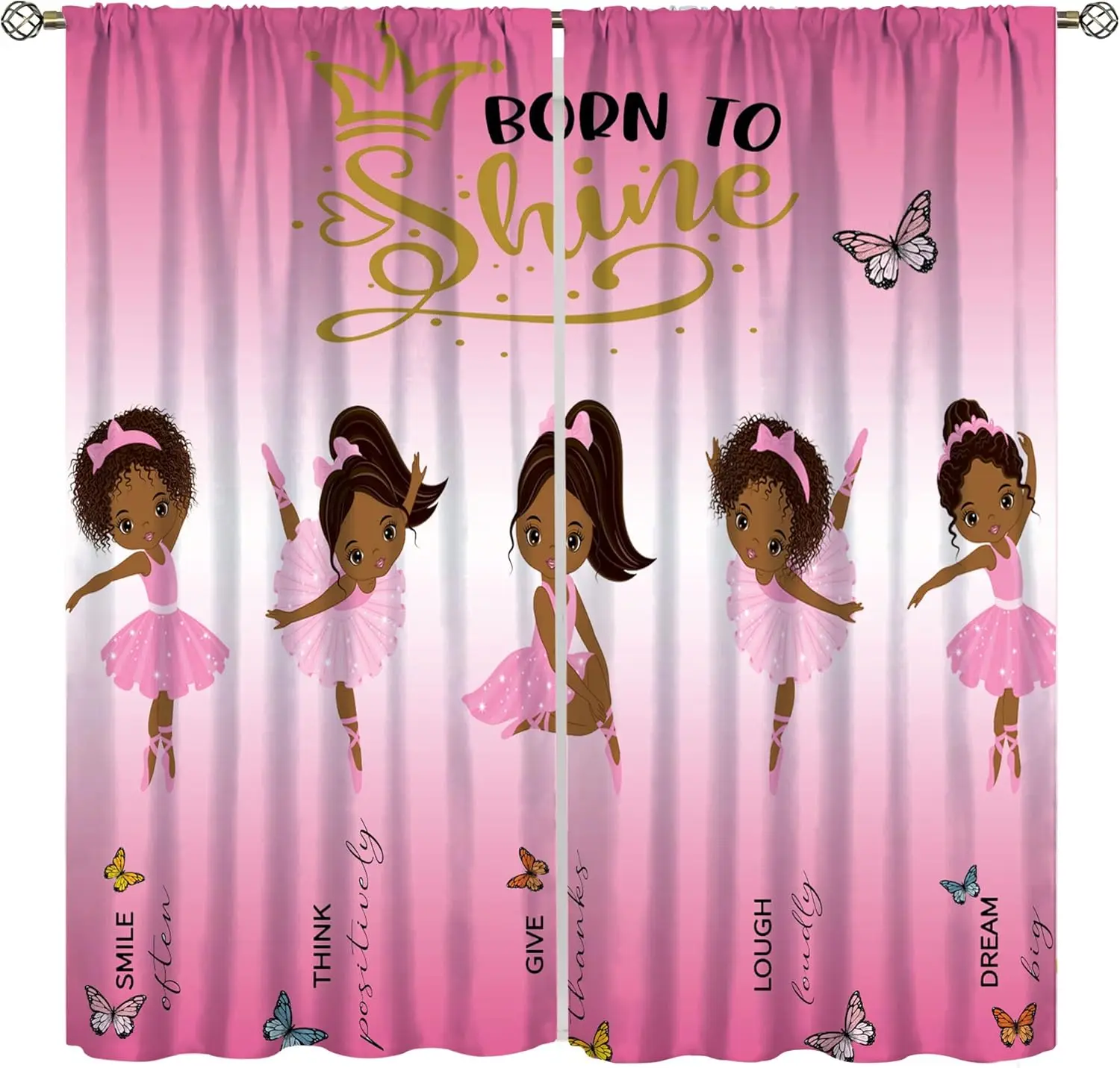 African American Kids Curtains,Afro Black Girl Window Treatments for Bedroom,Cute Girl Ballerina Dancer Pink Curtains Panel Sets