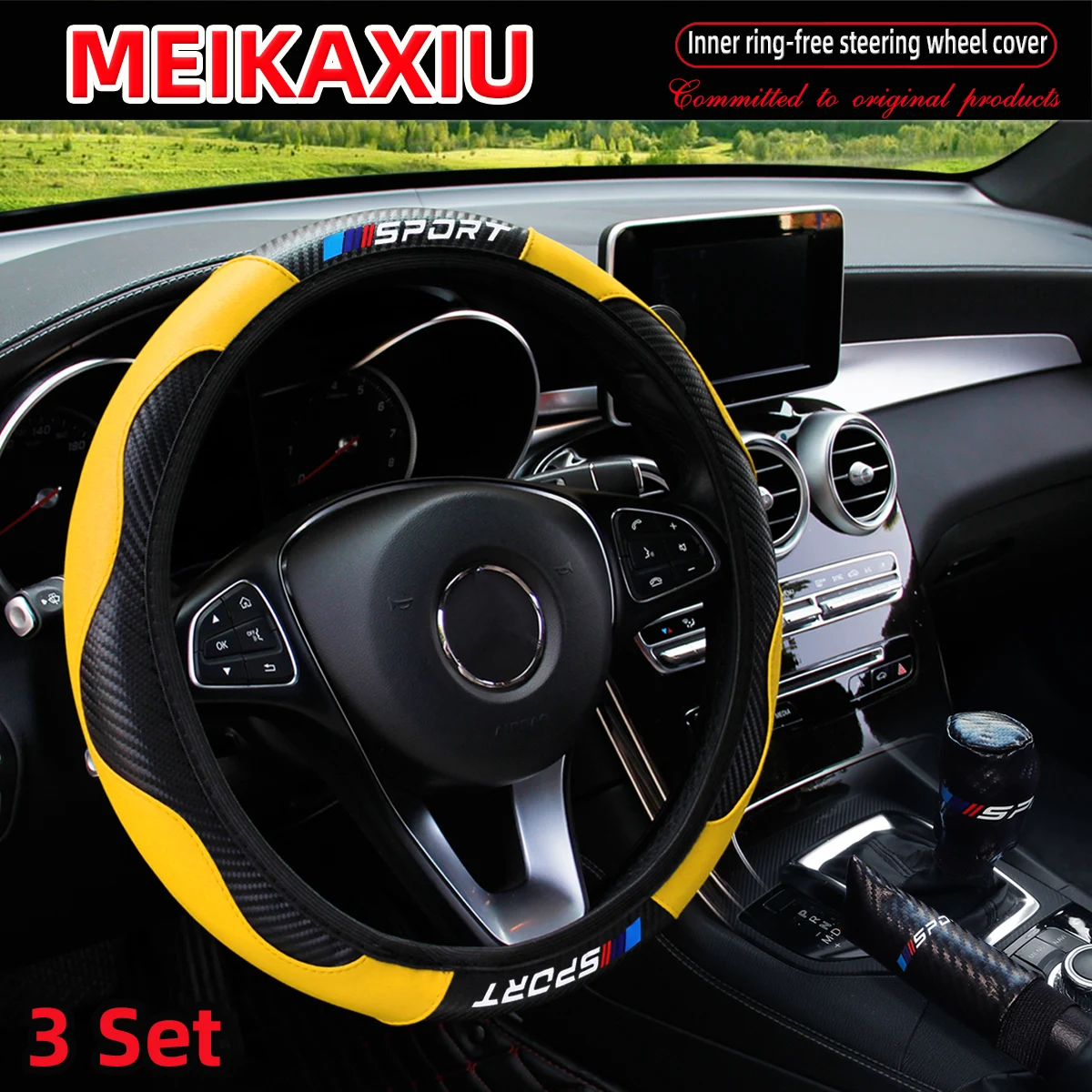 3PCS PU Leder Carbon Faser Sport Auto Lenkrad Abdeckung Handbremse Schalthebel Automotive Zubehör Randlose Design – Detail 9