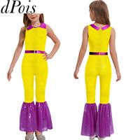 Girls Retro Party 60s 70s Hippie Costume Disco Diva Trendy Sequin Dance Jumpsuit Sleeveless Metallic Bell-Bottom Dance Bodysuit