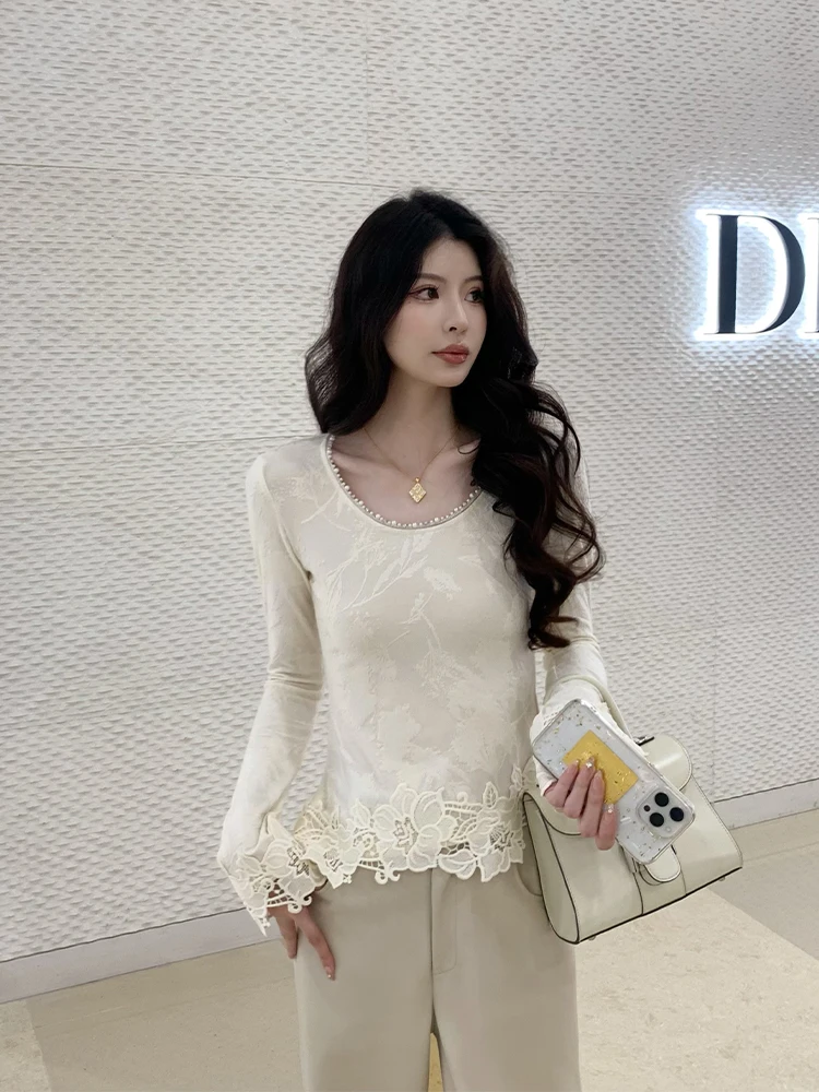 

KUN White Day Schumann Women's Knitted Slim Fit irt Beige Base Layer Top High End Feeling Spring New Sle Breathable Skin-...