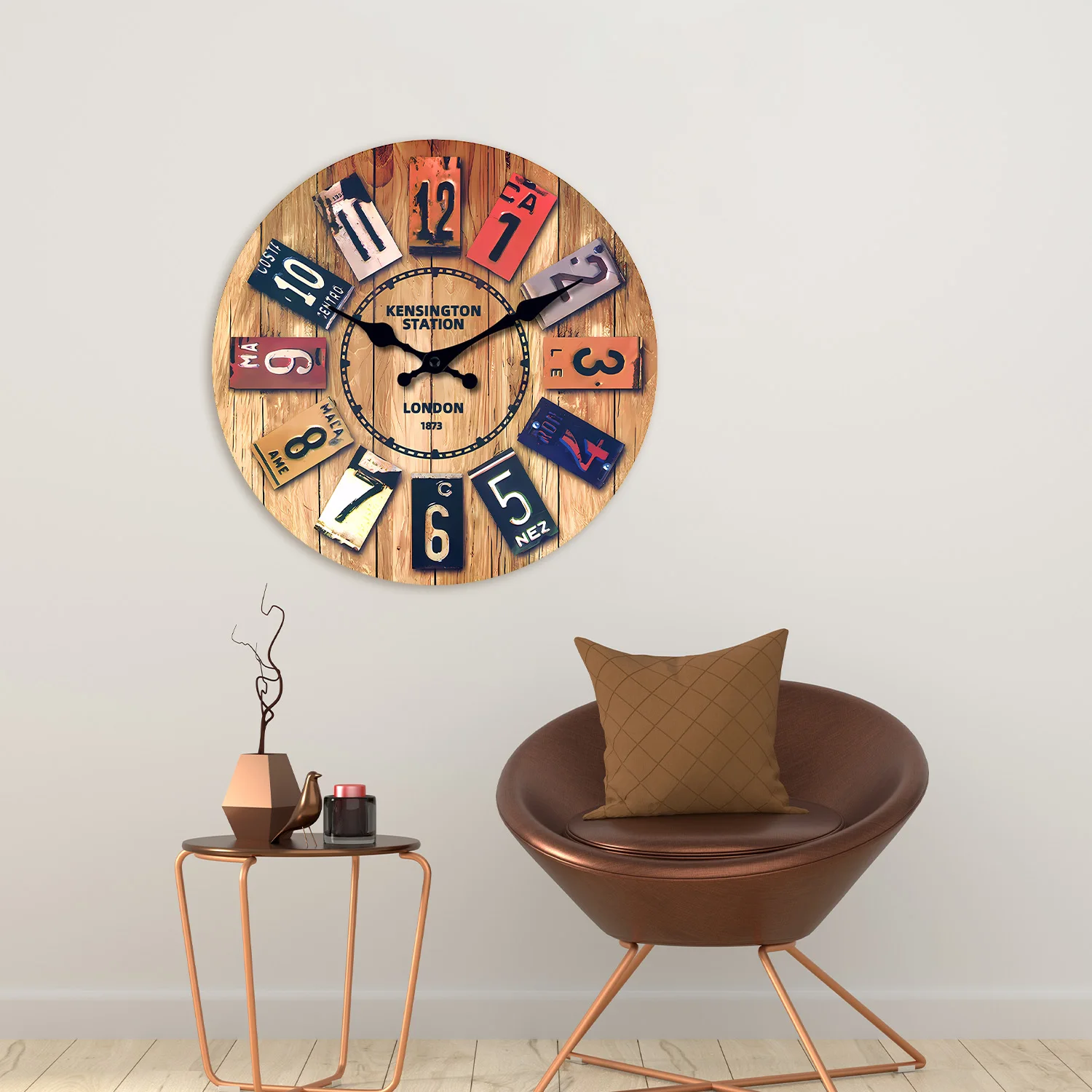 A Creative Vintage Wooden Density Board Veneer Decorative Wall Clock, 1873 London Kensington Station Element Pattern Design Wall