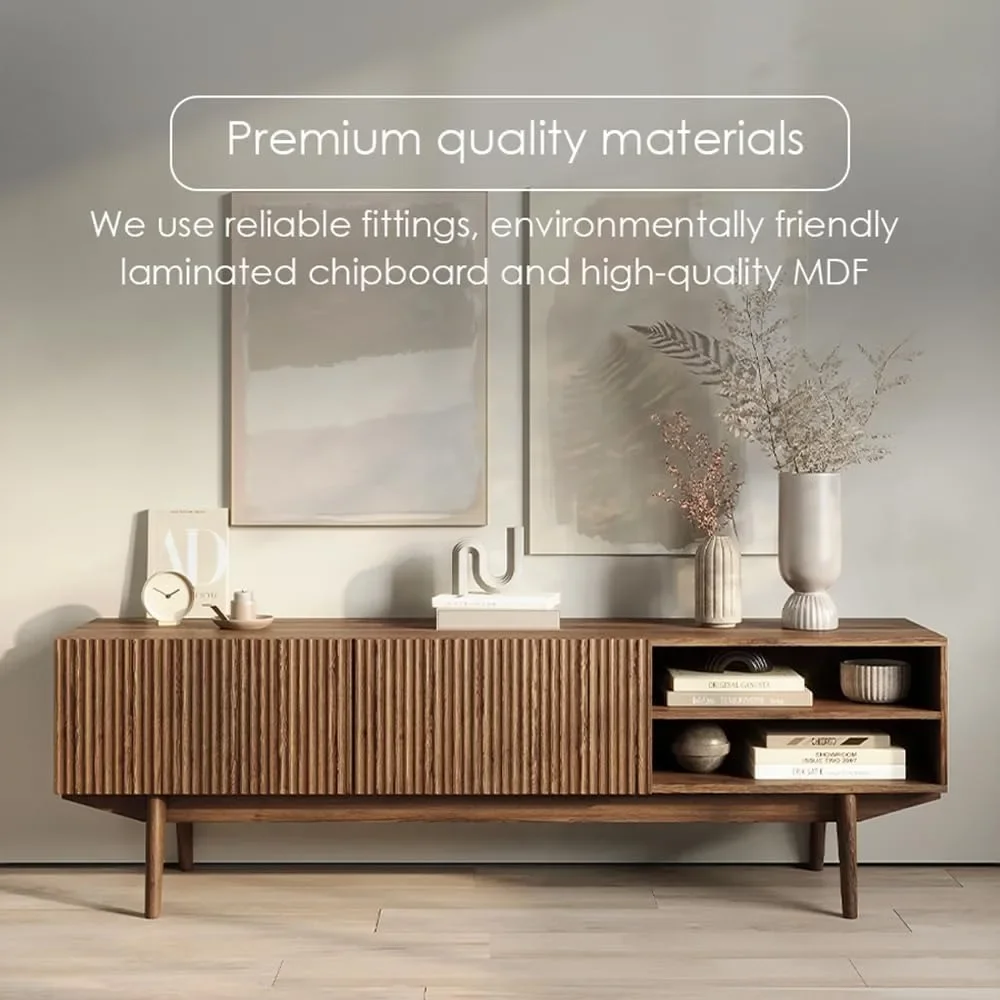 حامل تلفزيون إسكندنافي مقاس 59 بوصة بتصميم مخدد ووحدة تحكم الوسائط البنية ذات أرجل خشبية تناسب تلفزيونات مقاس 50-70 بوصة