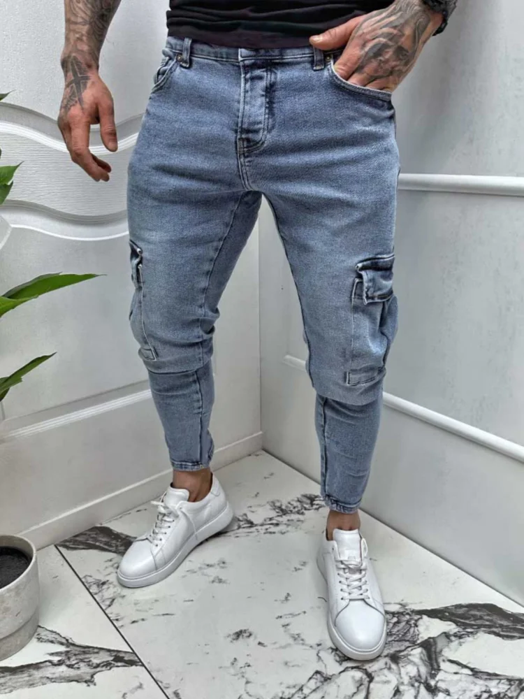 Jeans cargo skinny alla moda Tasca da uomo Slim Fashion Streetwear Pantaloni con piedi piccoli Pantaloni da uomo in denim hip-hop elastico lavato