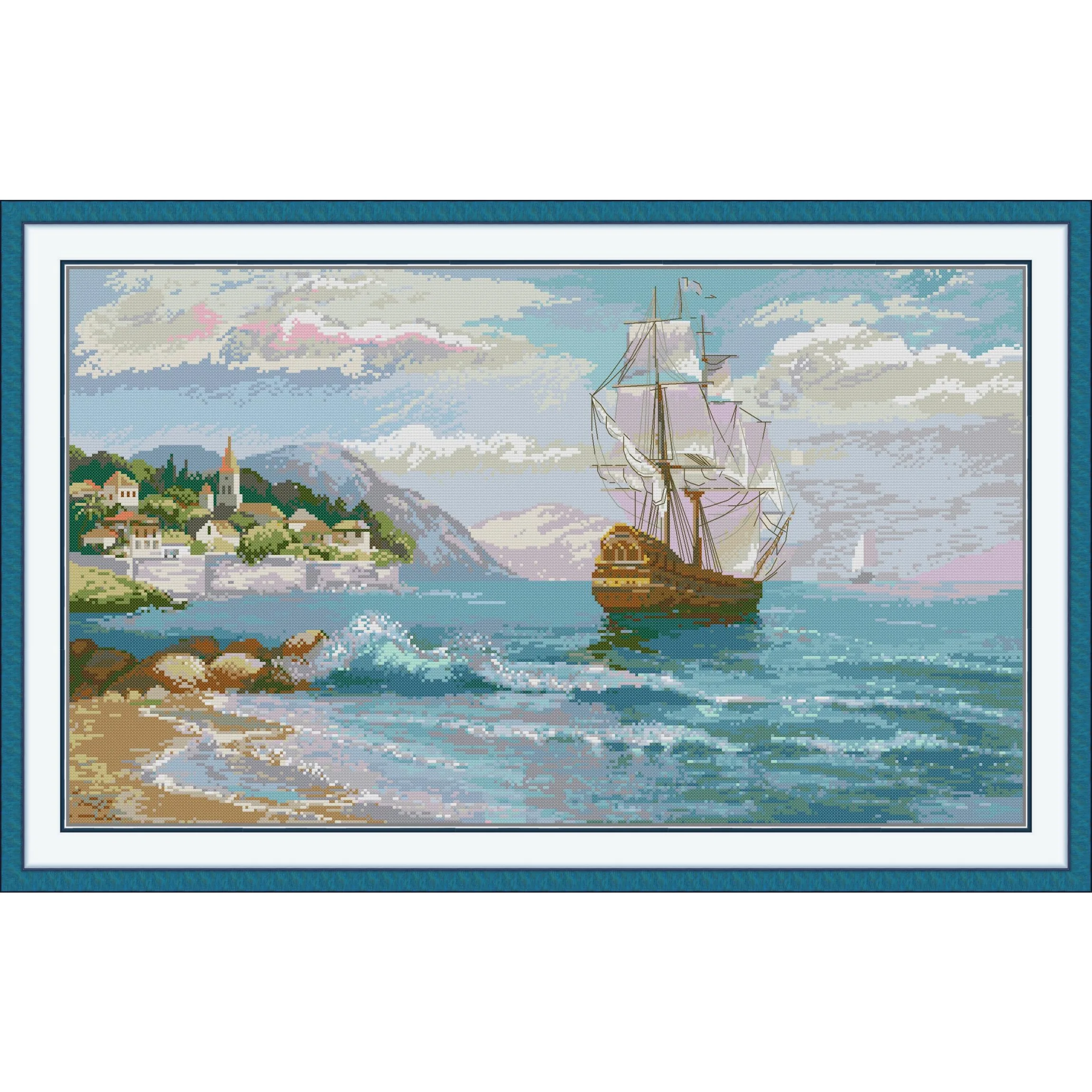 

Soulgift News Pre-Printed Cross Stitch Kit, Stamped Aida Fabric with DMC Threads, Embroidery kit - Set Sail 3