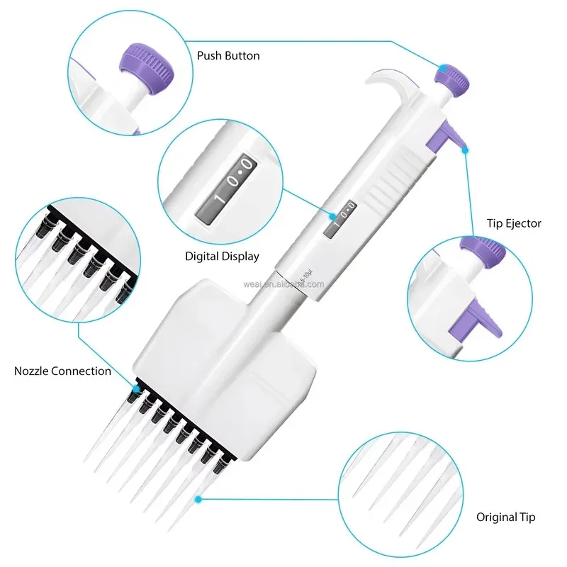 WEIAI Multichannel MicroPipette 8/12 Channel Pipeta MicroPette Plus Fully Autoclavable Adjustable Volume Mechanical Lab