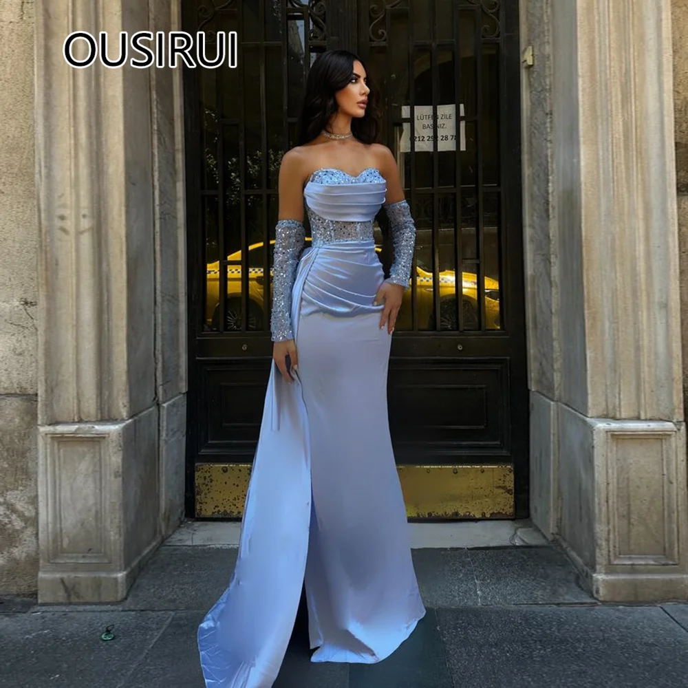 Stunning Boat Collar Beaded Sparkly Evening Party Gown Sheath Backless Court Bridesmaid Gown with Detachable Sleeve Customized