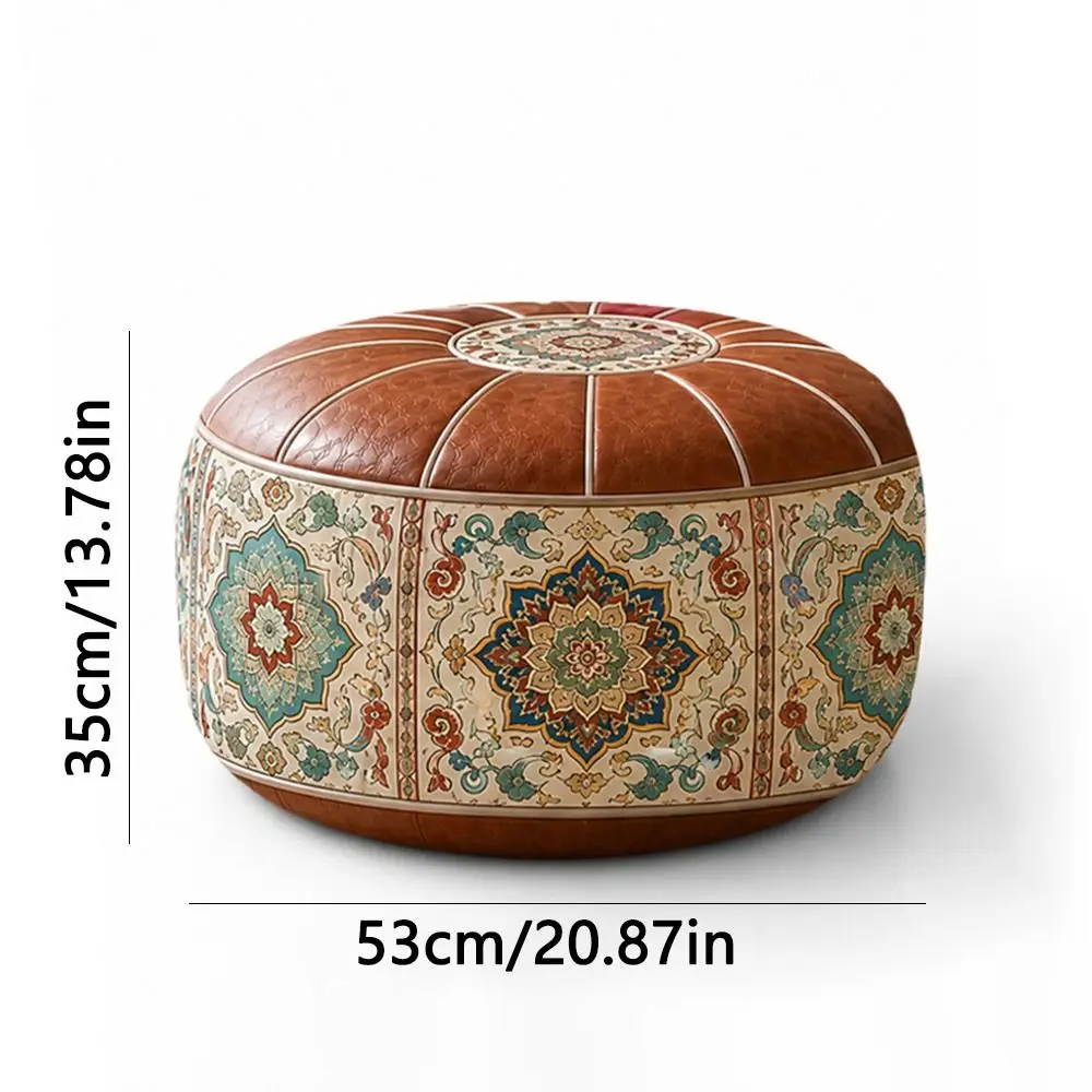 New PU Leather Ottoman Pouf Boho Pattern Round Shape Storage Ottoman Fillable Foldable Footstool Cover Multipurpose Storage view 6
