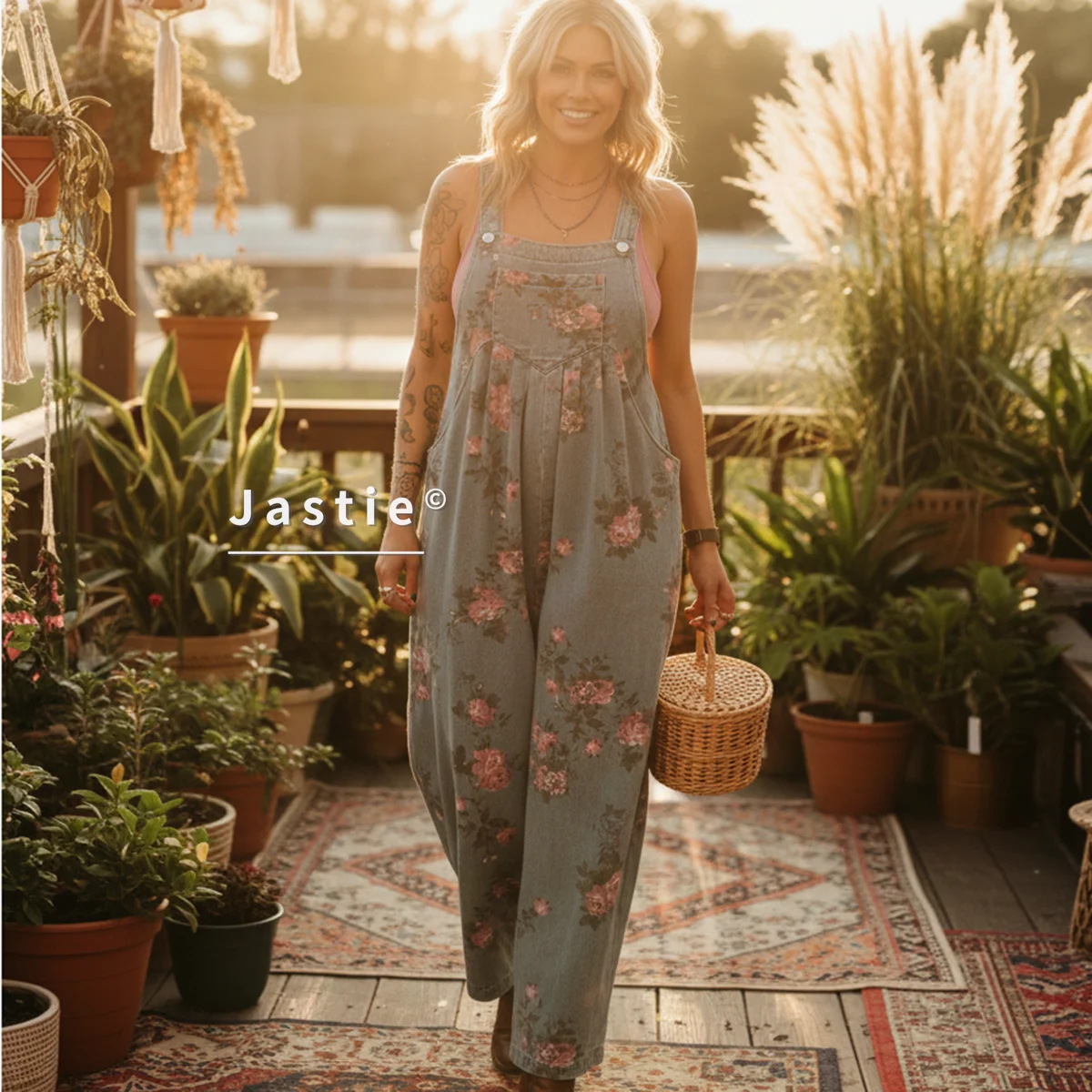 

Пыльно-бирюзовый джинсовый комбинезон с цветочным принтом, комбинезон с регулируемыми бретелями на подтяжках, комбинезон с квадратным вырезом и широкими штанинами, повседневный праздничный женский комбинезон