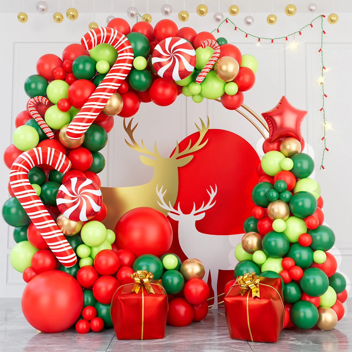 

1set Red Green Christmas Balloon Garland Arch Kit With Candy Metallic Gold Crutch Star For Holiday Christmas Theme Party Decor