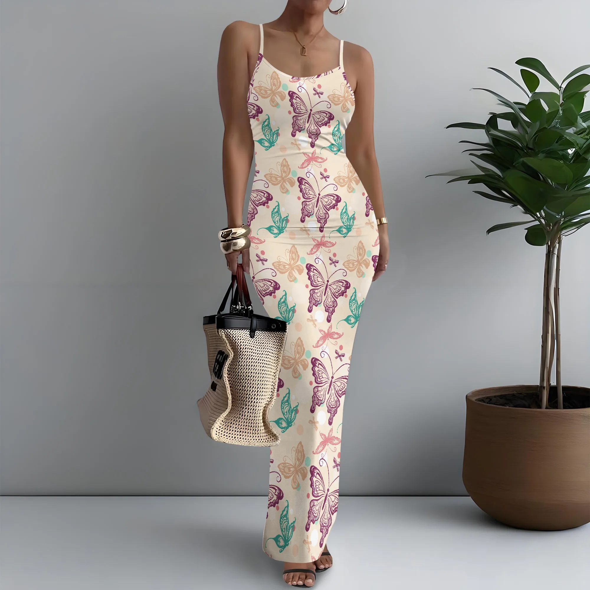 

Women's Spaghetti Strap Maxi Dress Tropical Butterfly Print Sexy XS-3XL