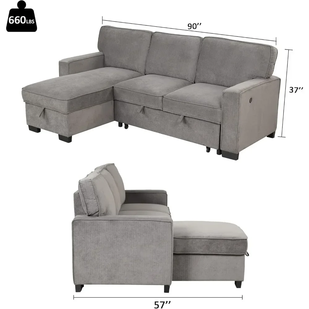 Convertible sofa bed 3-in-1 with modern L-shaped sofa, pull-out sofa bed with storage, USB port in bedroom, cup holder