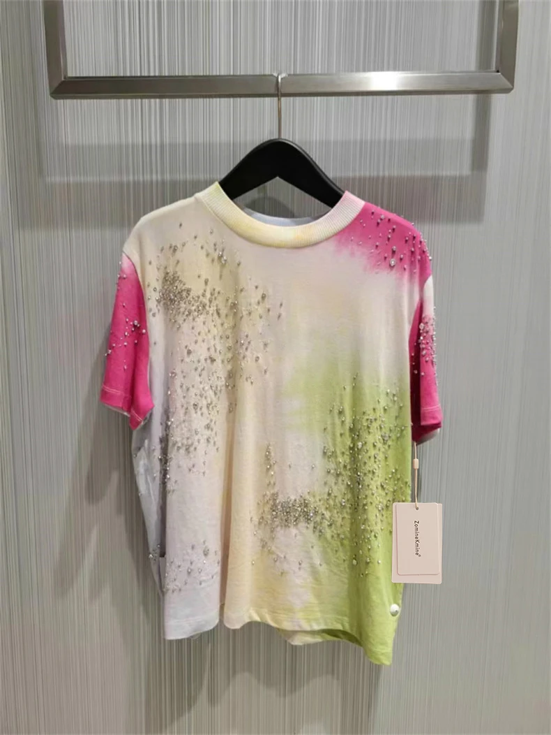 

Heavyweight Diamond Embellished Tie Dye Loose Short Sleeve Women's T Shirt Casual Half Sleeve Top for Summer 2024 Design Sense