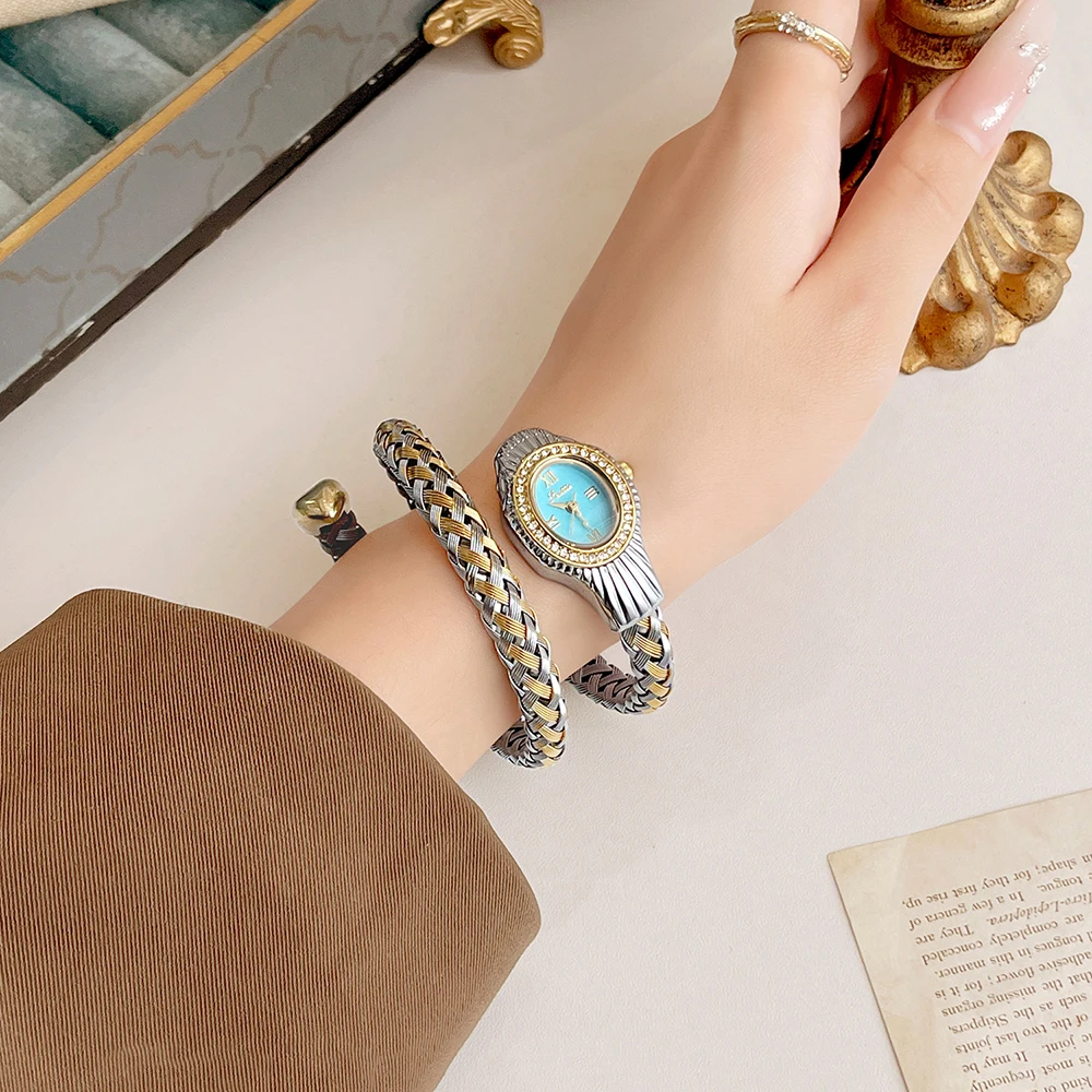 Scottie Vintage Women Watch Snake Crystal Inlay Bezel, Gold Silver Stainless Steel Open Cuff Bangle Watches,Golden Snake Watch