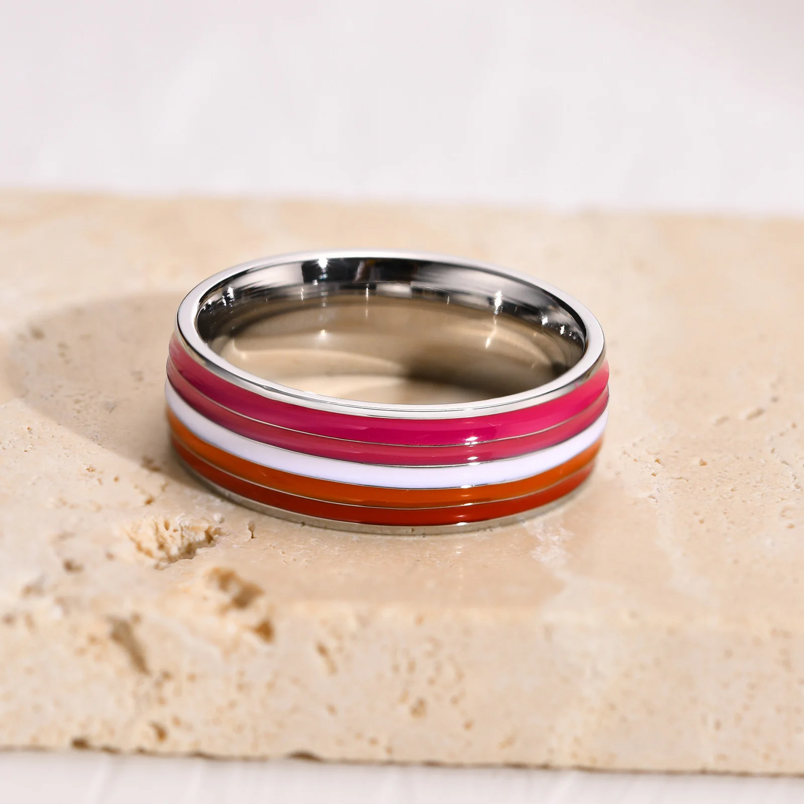 Lesbian Stainless Steel Rings Lesbian Woman Ring Red White Orange Lines Finger Band Pride Love Promise Valentine's Day Gift