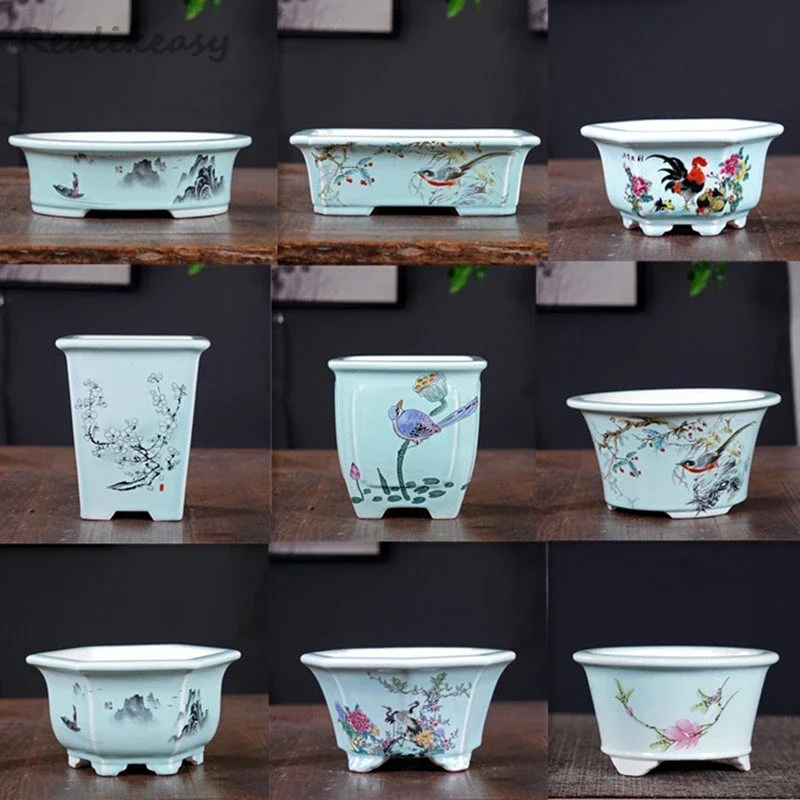 2026 New Purple Clay Glazed Square Bonsai Pot Chinese Style Home Painting Decoration Flower Pot Office Succulent Flower PotLJ113